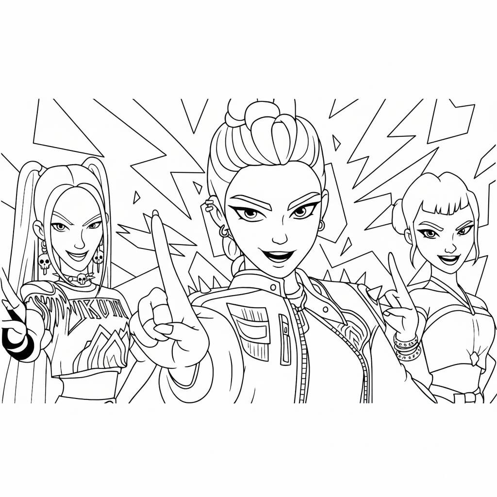 Desenho das Guerreiras do K-Pop com estilo para colorir