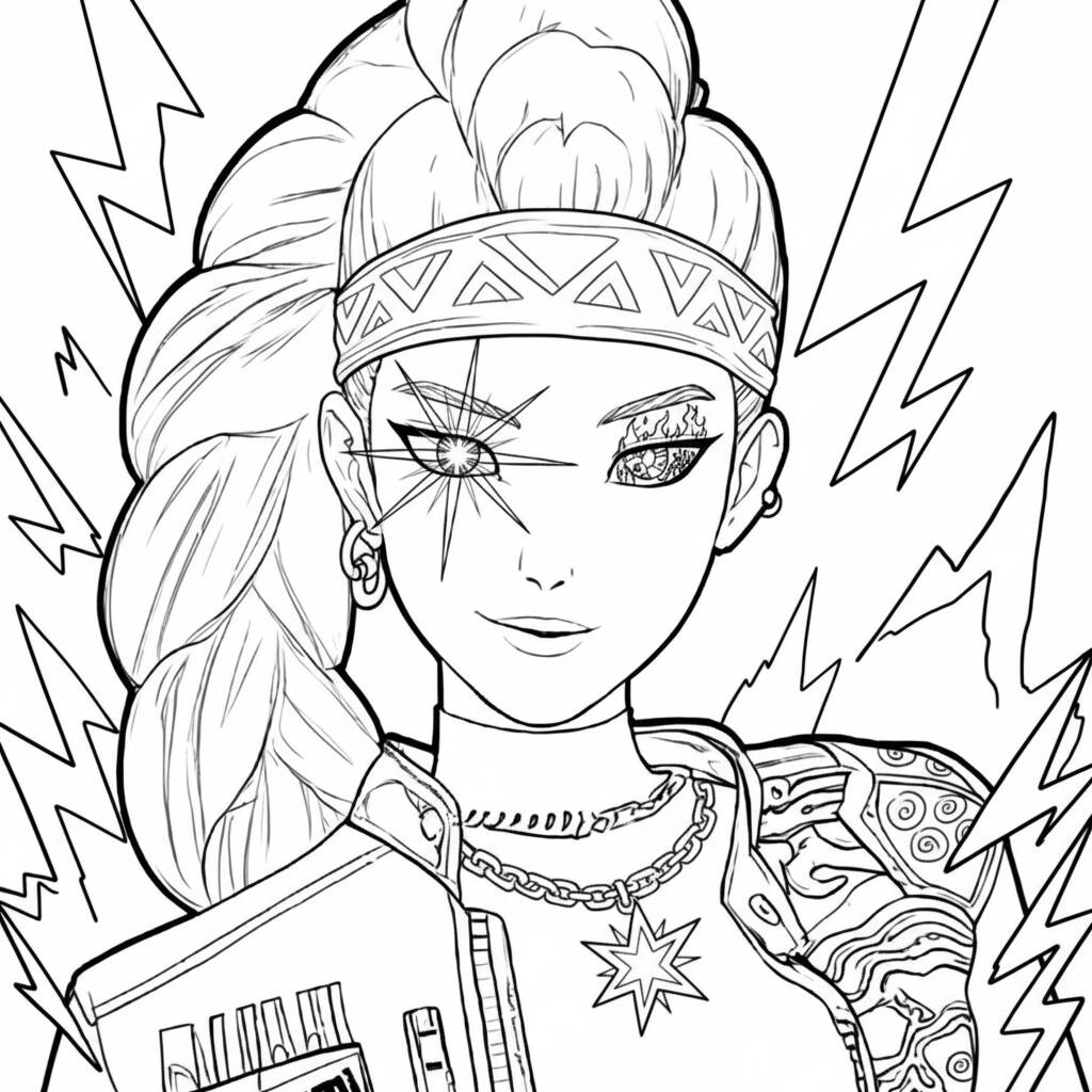 Desenho das Guerreiras do K-Pop com estilo poderoso para colorir