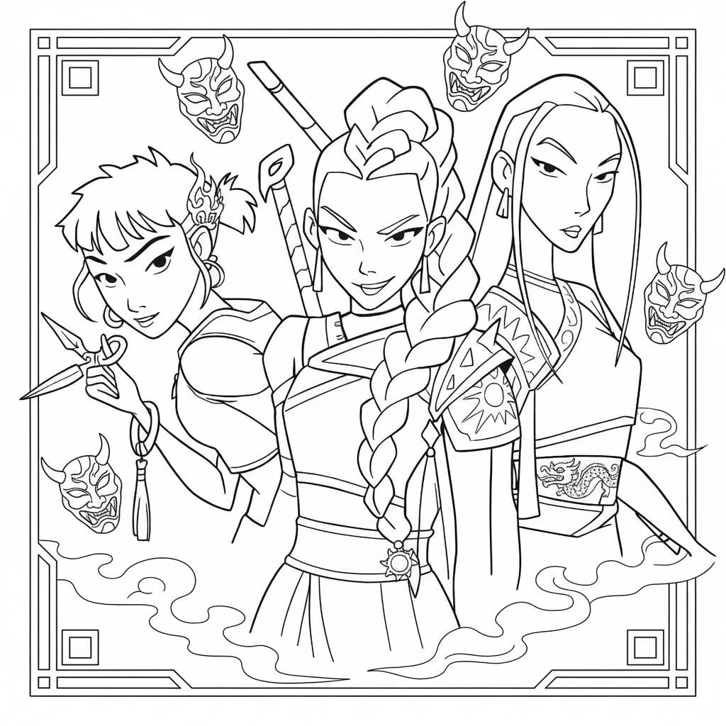 K-Pop Warriors in action coloring page