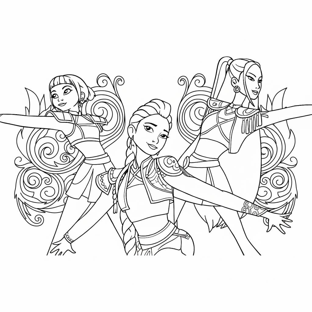 Desenho das Guerreiras do K-Pop em ação para colorir (kpop Demon Hunters)