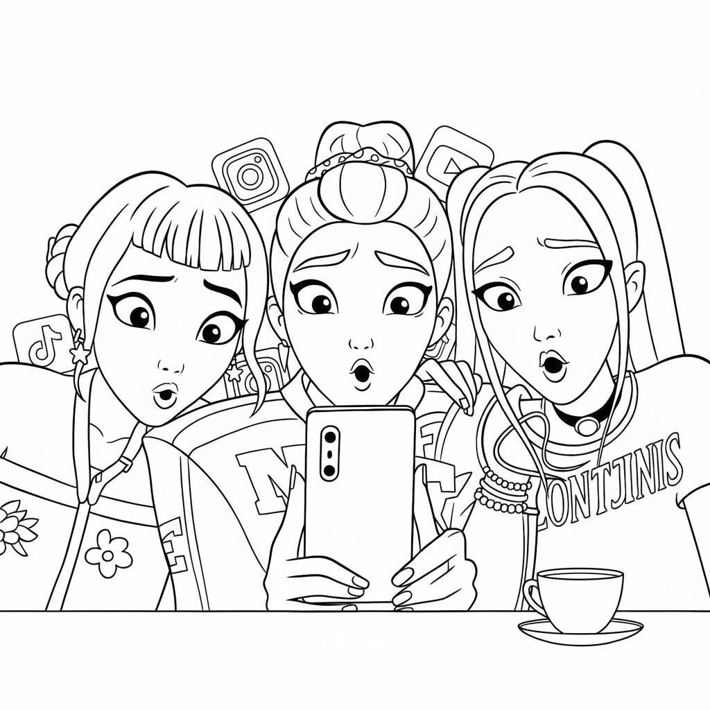 Desenho das Guerreiras do K-Pop em momento divertido para colorir