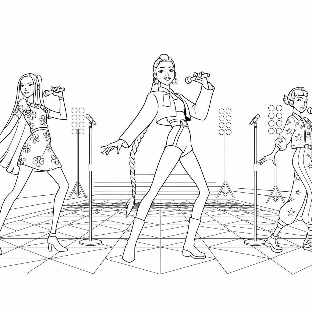 Desenho das Guerreiras do K-Pop em performance para colorir
