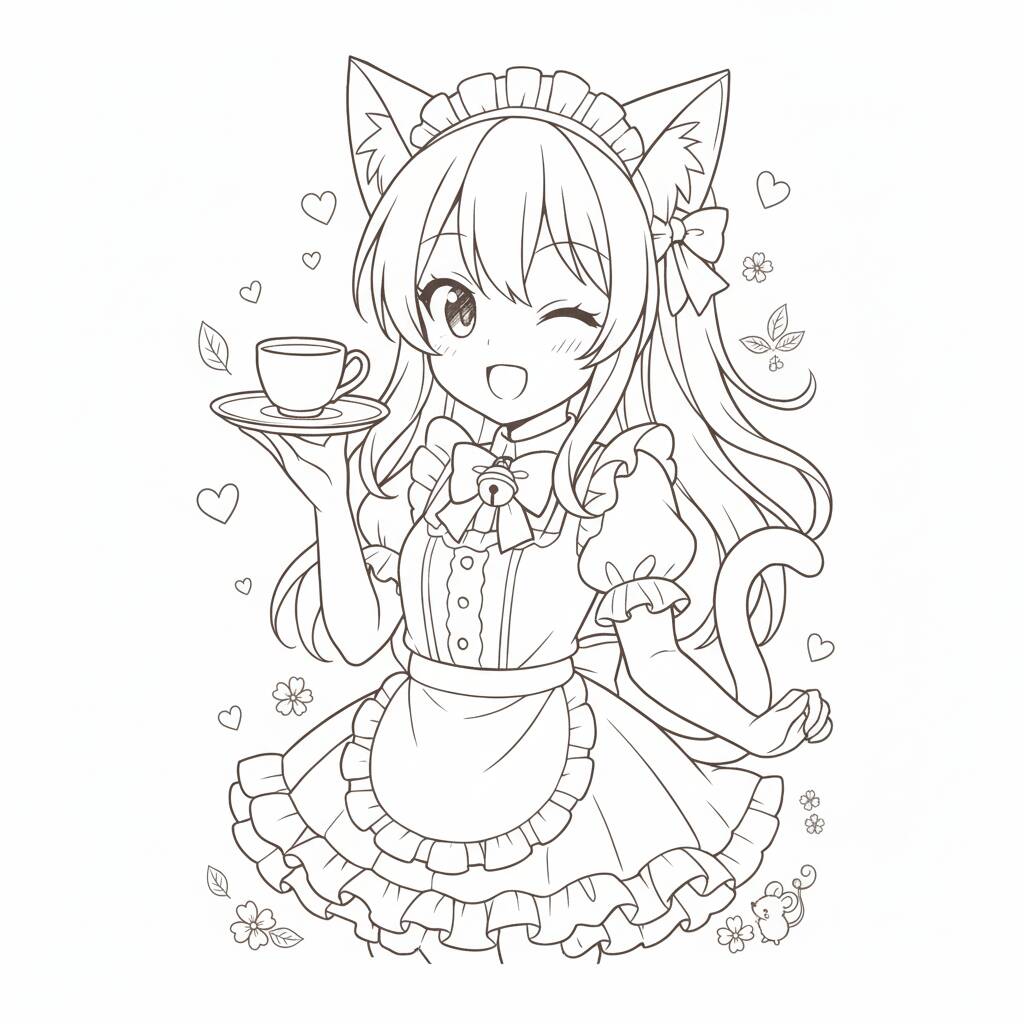 Desenho de Anime com uma garota de orelhas de gato segurando uma xícara para colorir