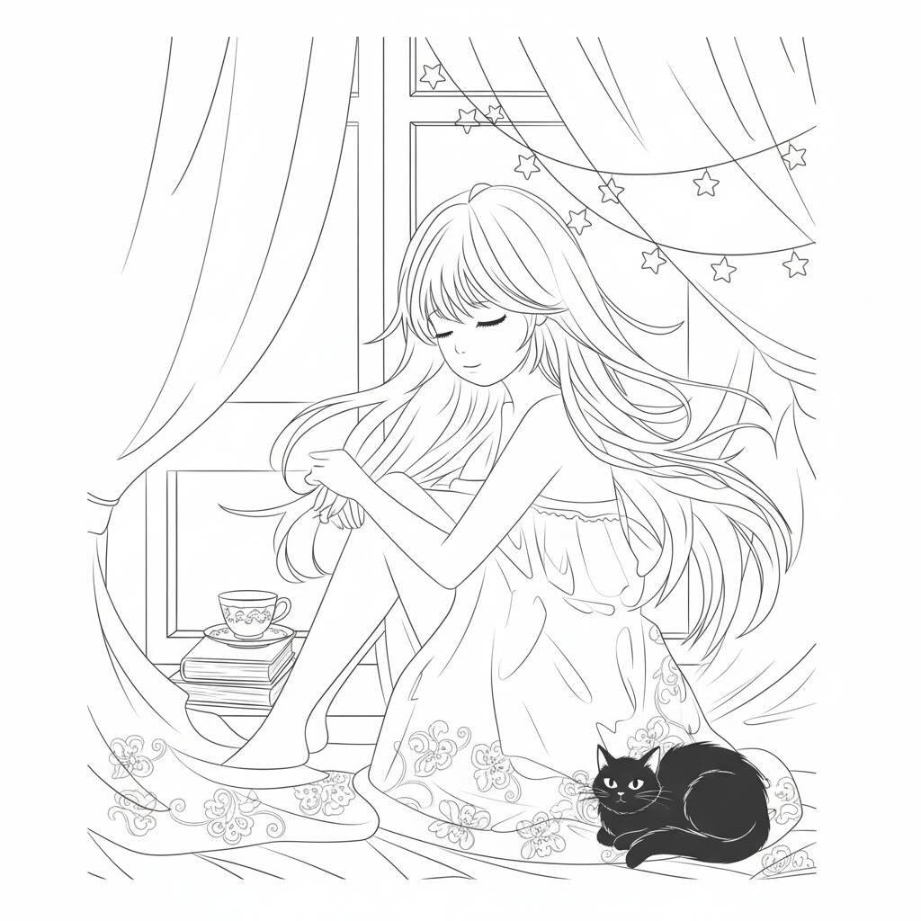 Desenho de Anime com uma garota e um gato para colorir