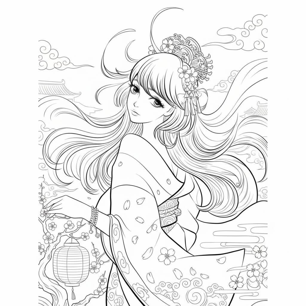 Anime drawing with an elegant girl to color