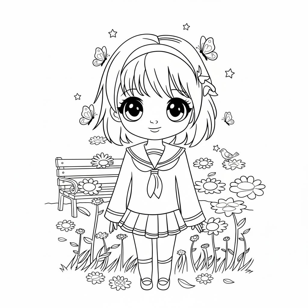 Anime drawing with a girl surrounded by flowers to color