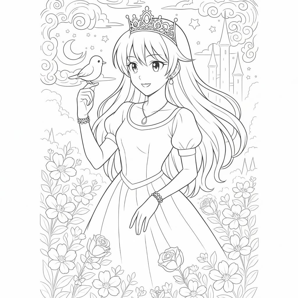 Desenho de Anime com uma princesa e um passarinho para colorir