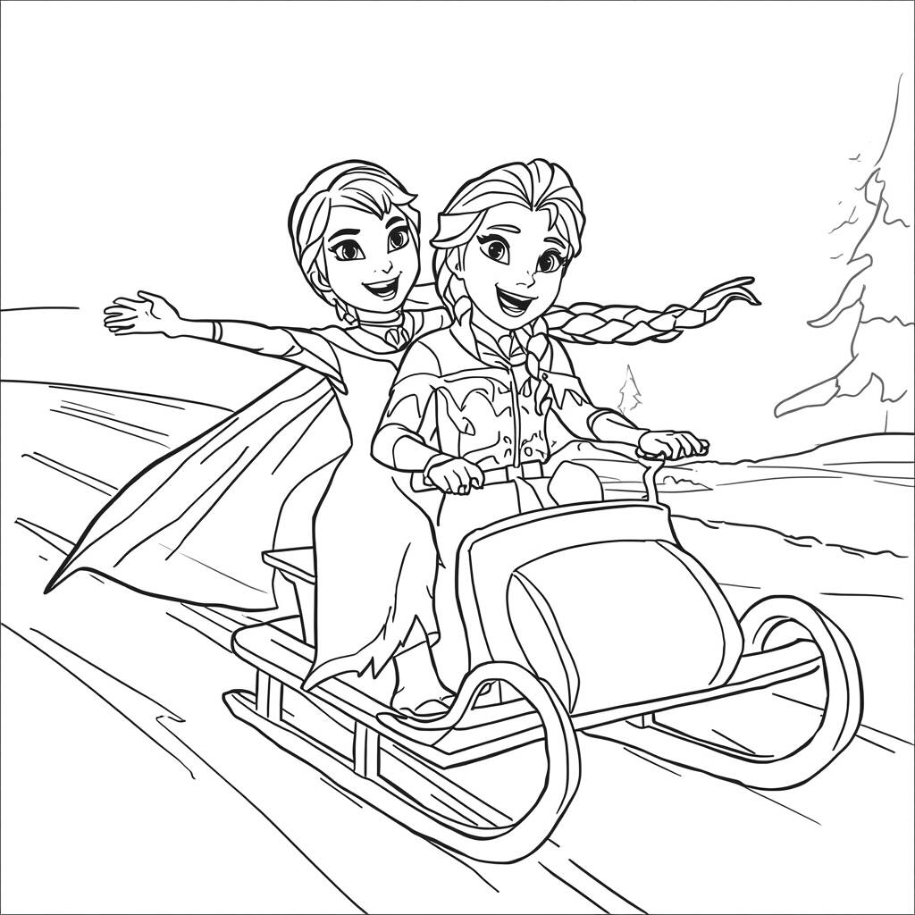 Desenho de Anna e Kristoff em um trenó para Colorir