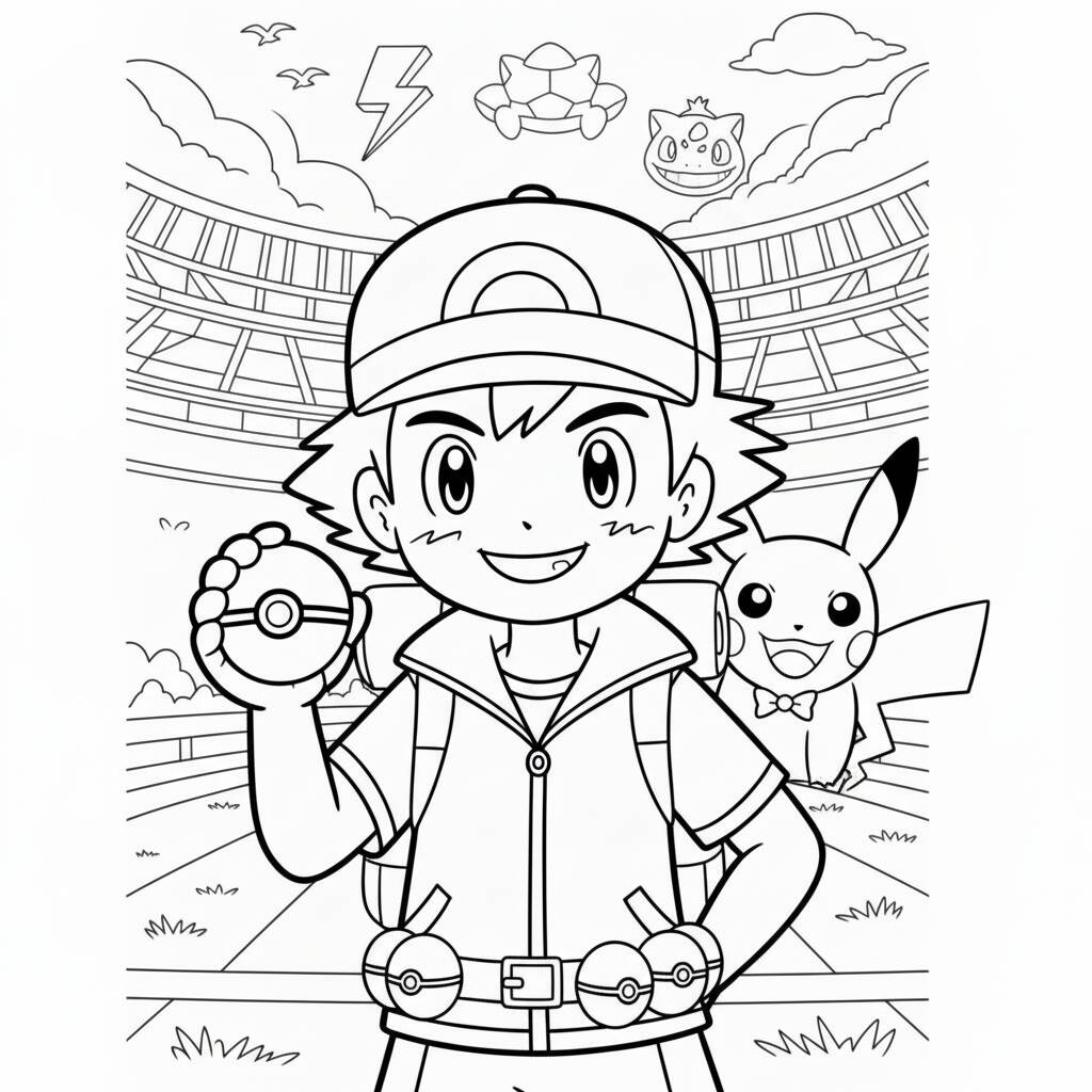 Desenho de Ash e Pikachu prontos para uma batalha Pokémon