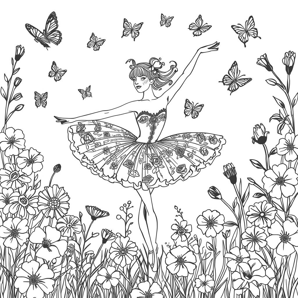 Desenho de Bailarina com Flores para Colorir