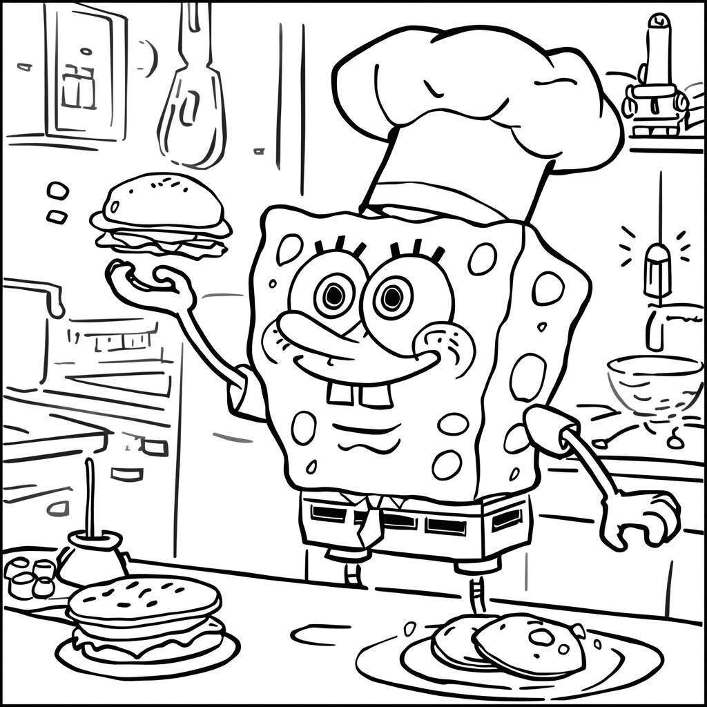 Desenho de Bob Esponja na Fritadeira para Colorir