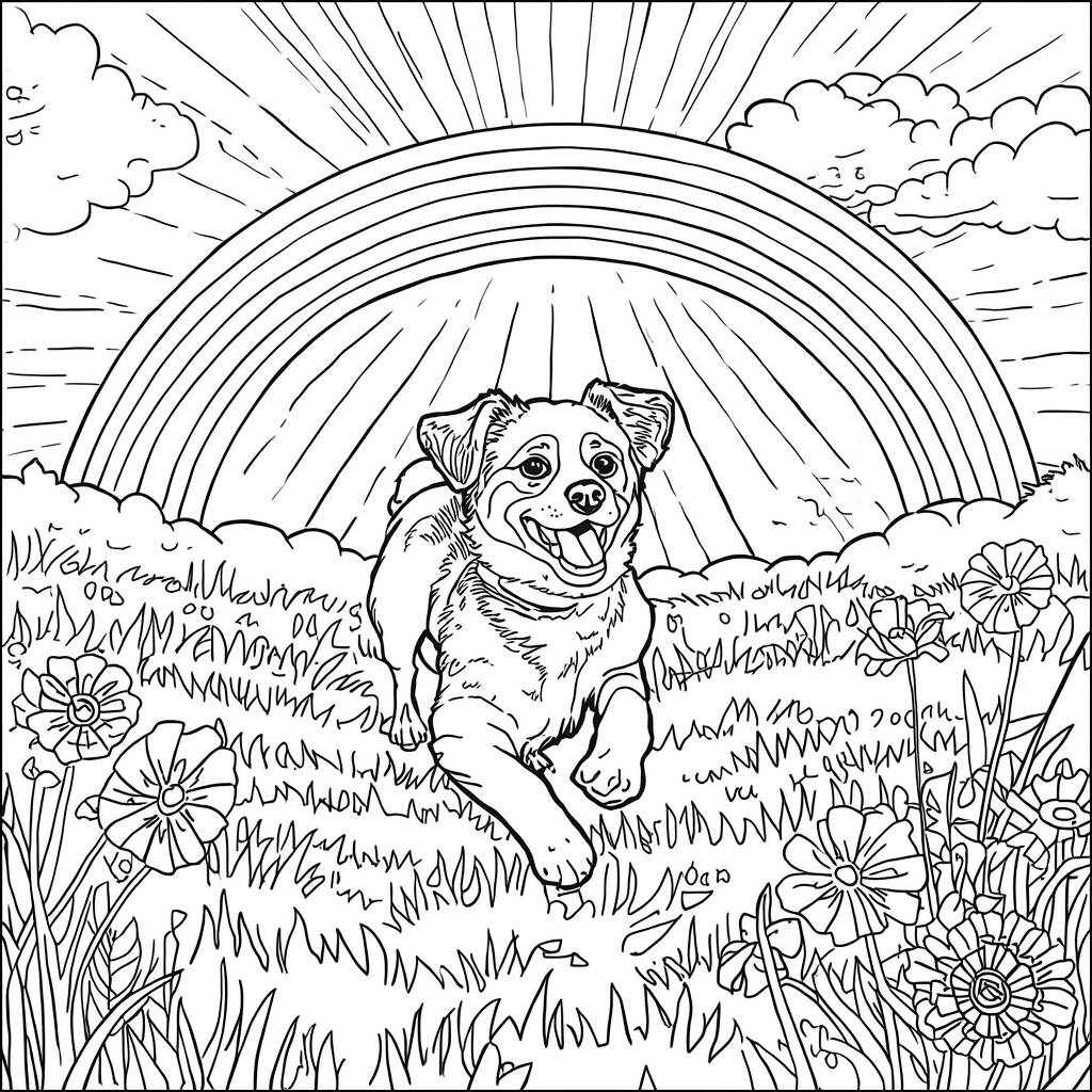 Desenho de Cachorro e Arco-Íris para Colorir