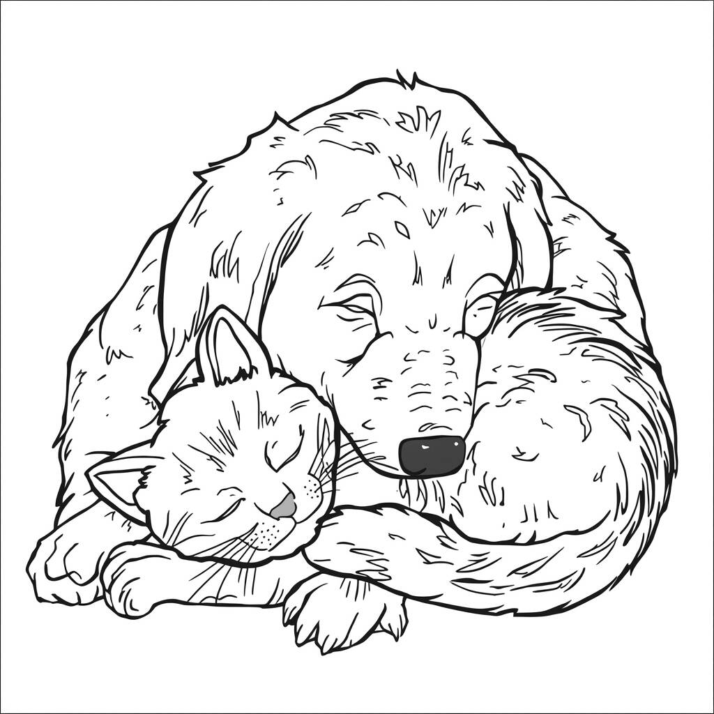 Desenho de Cachorro e Gato Dormindo para Colorir