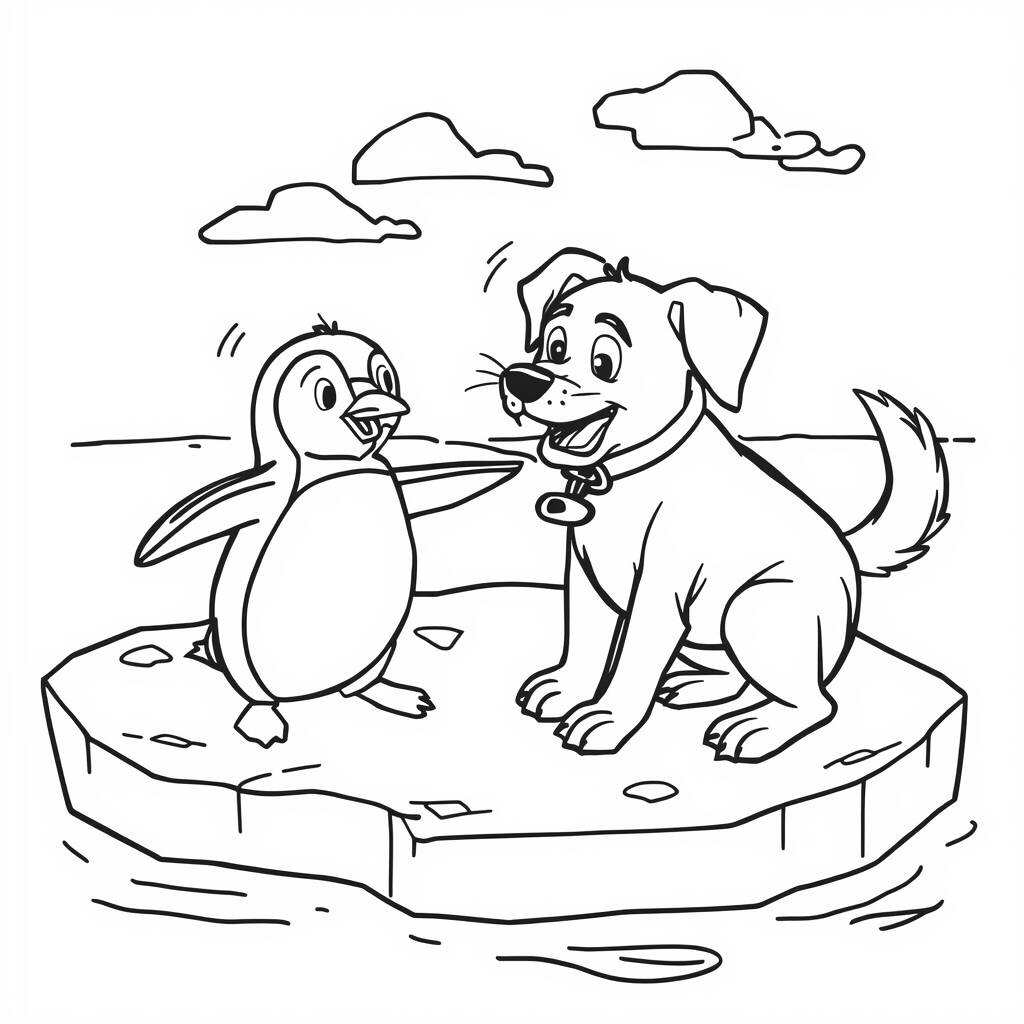 Desenho de Cachorro e Pinguim para Colorir