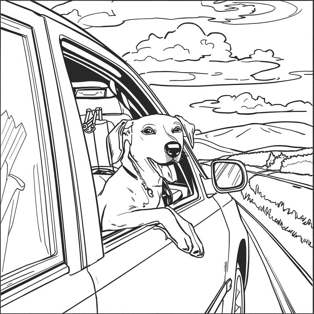 Desenho de Cachorro em um Carro para Colorir