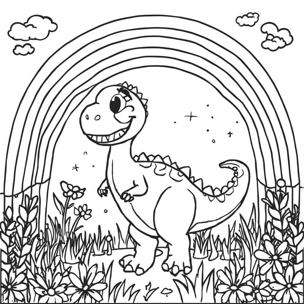 Desenho de Dinossauro e Arco-íris para Colorir