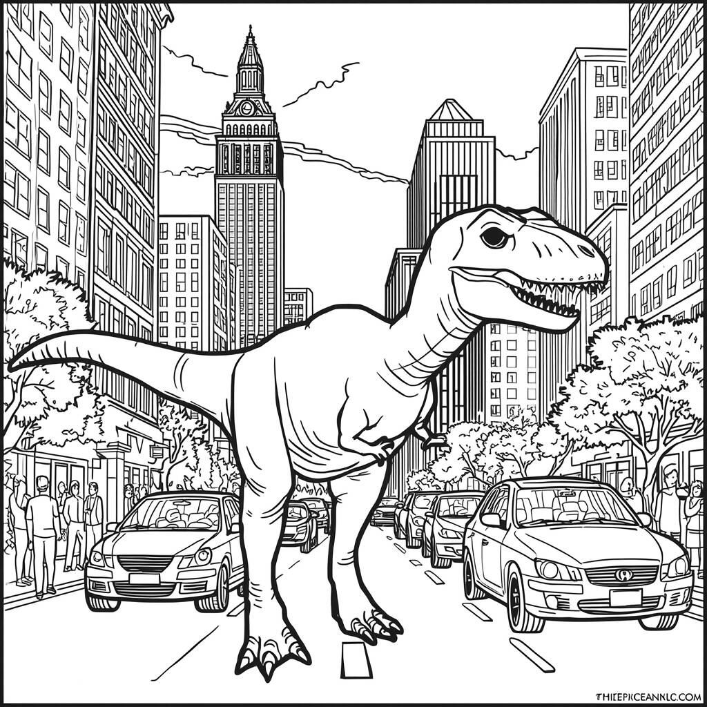 Desenho de Dinossauro na Cidade para Colorir
