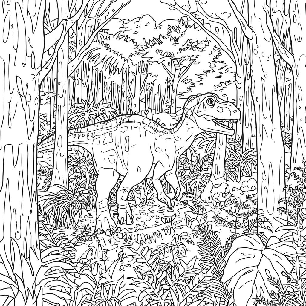 Desenho de Dinossauro na Floresta para Colorir
