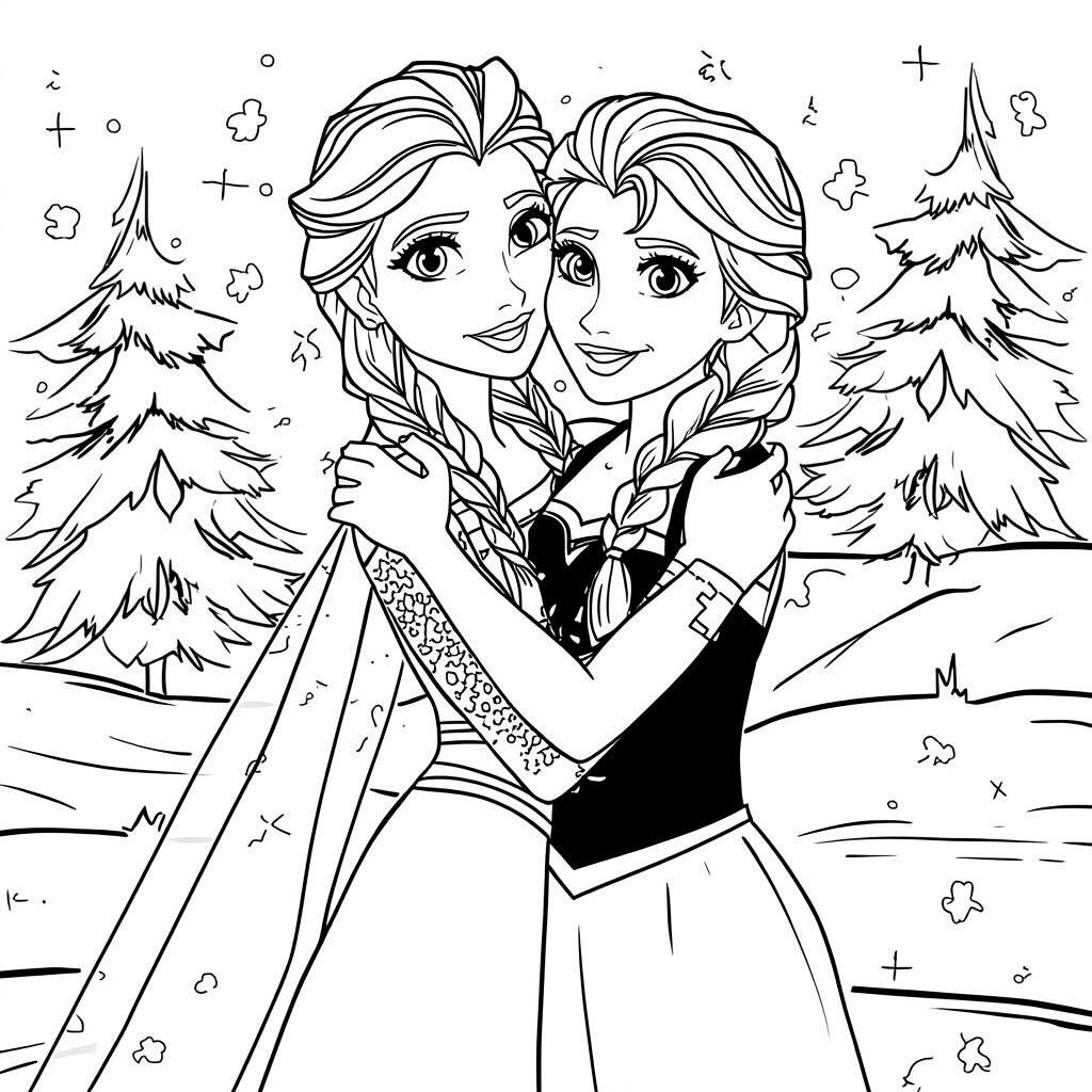 Desenho de Elsa e Anna juntas do Frozen para Colorir