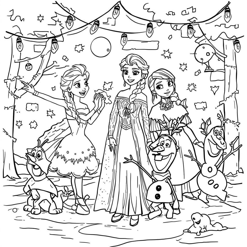 Desenho de Elsa e seus amigos em festa de inverno para Colorir