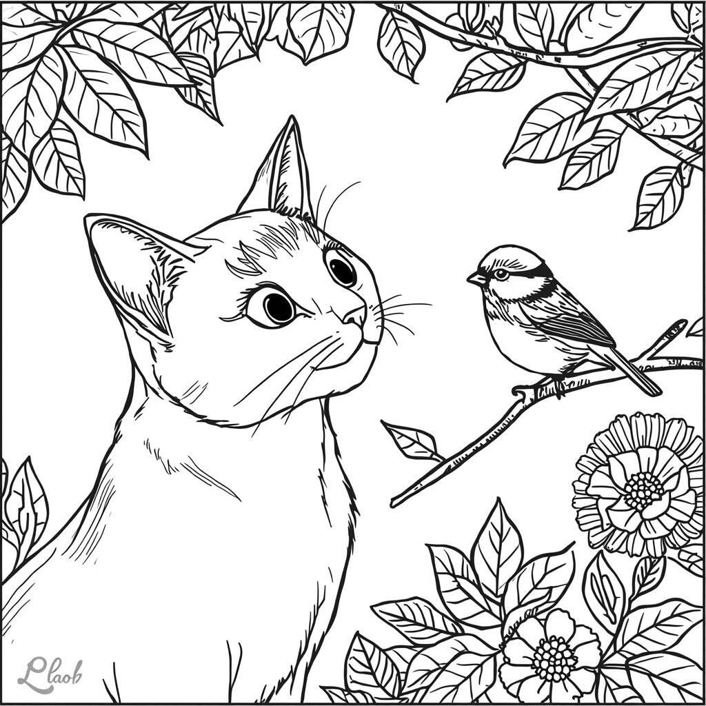 Desenho de Gato e Pássaro para Colorir