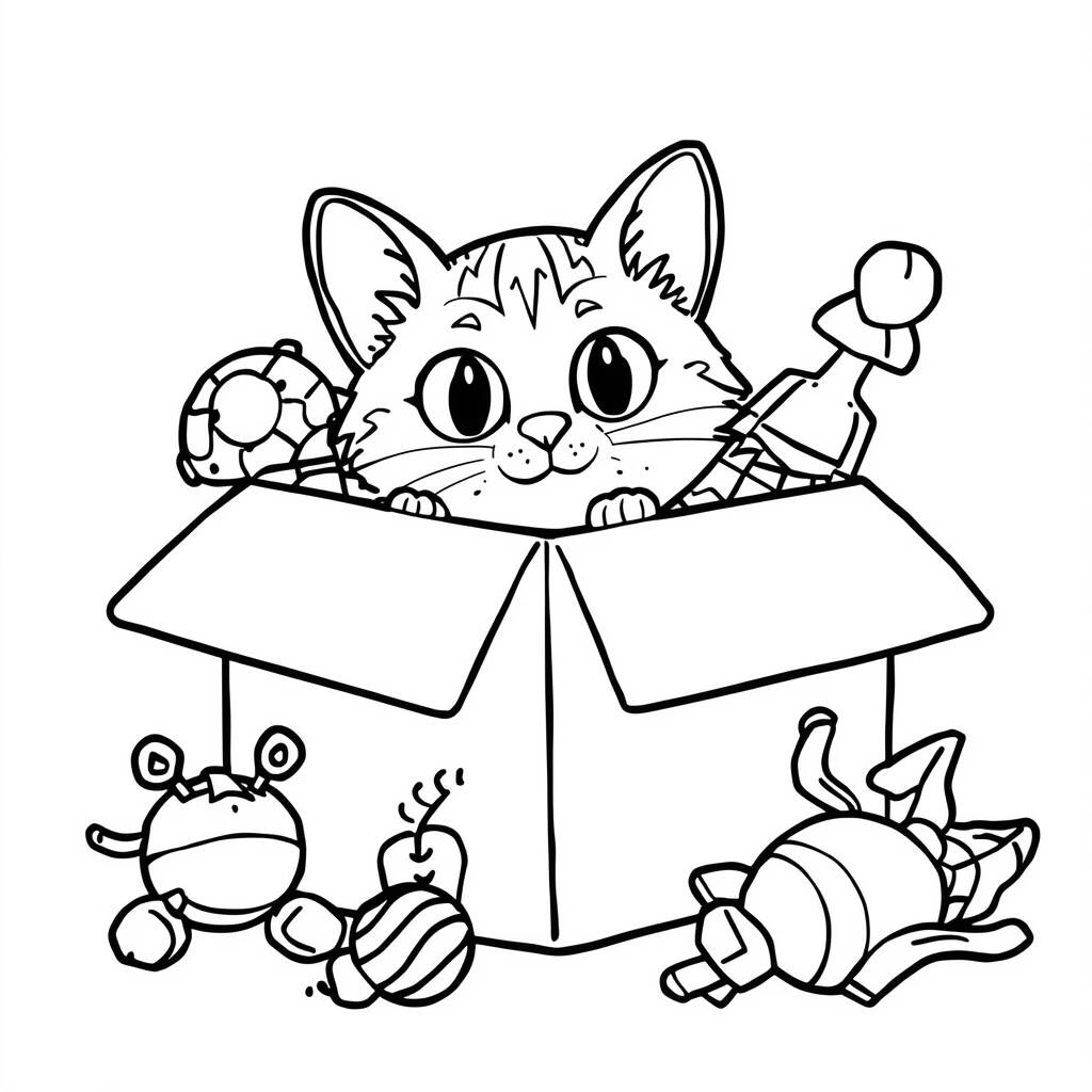 Desenho de Gato em uma Caixa para Colorir