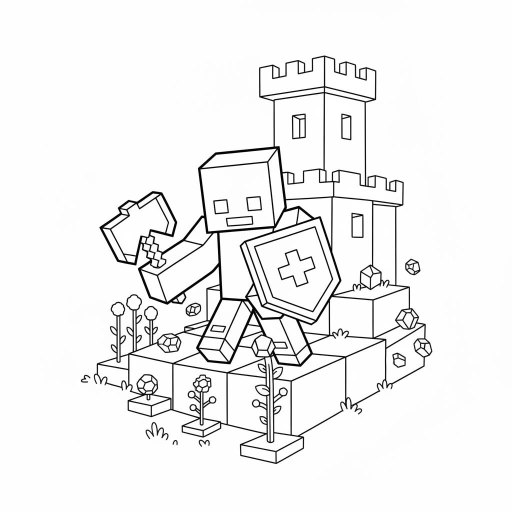 Desenho de Minecraft com um personagem segurando um escudo e um machado para colorir
