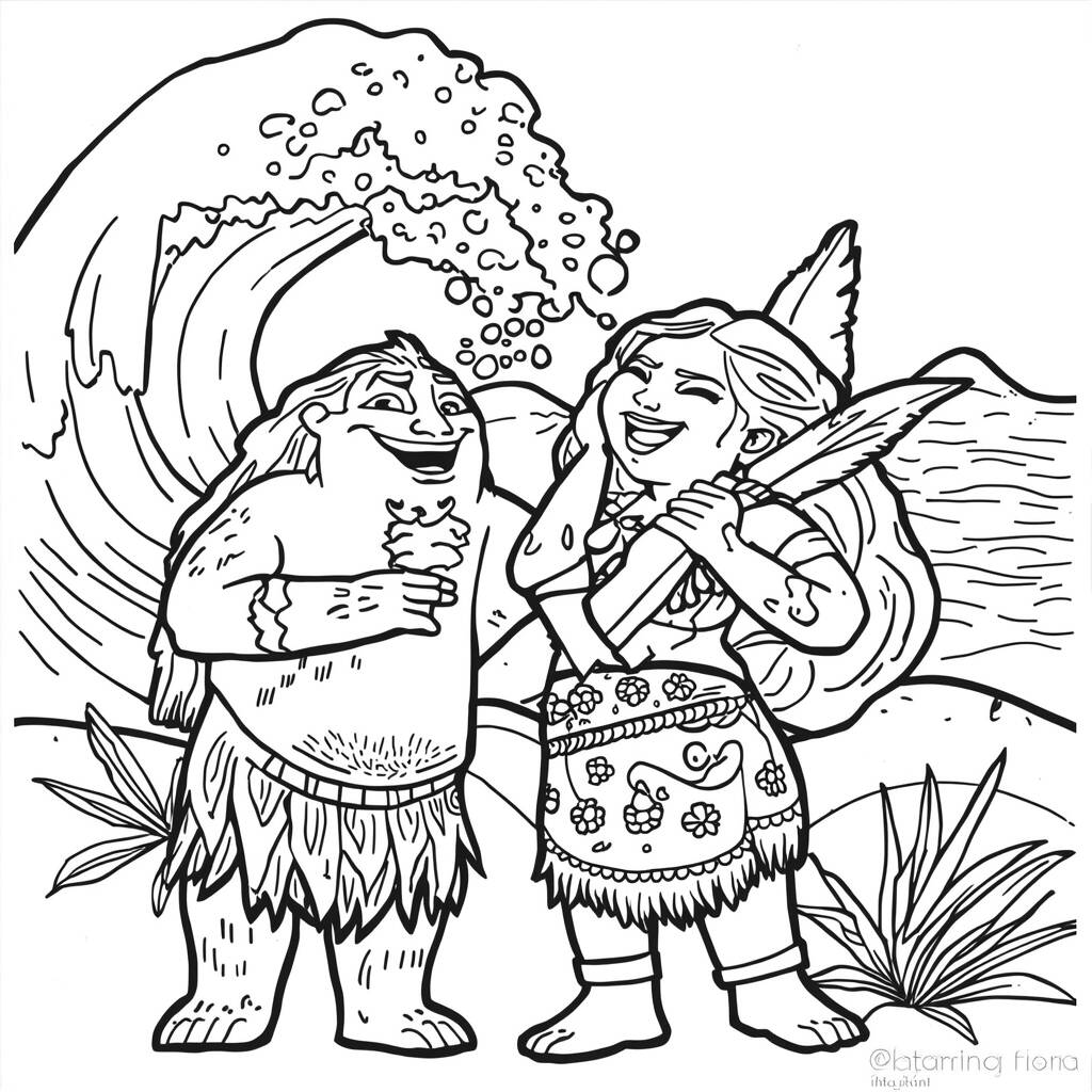 Desenho de Moana e a Amizade com Maui para Colorir