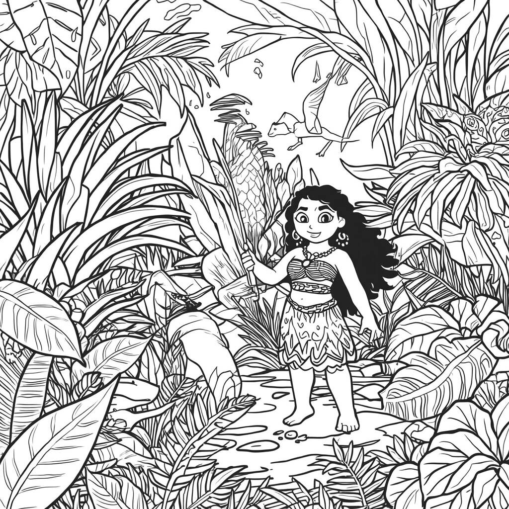 Desenho de Moana e a Floresta para Colorir