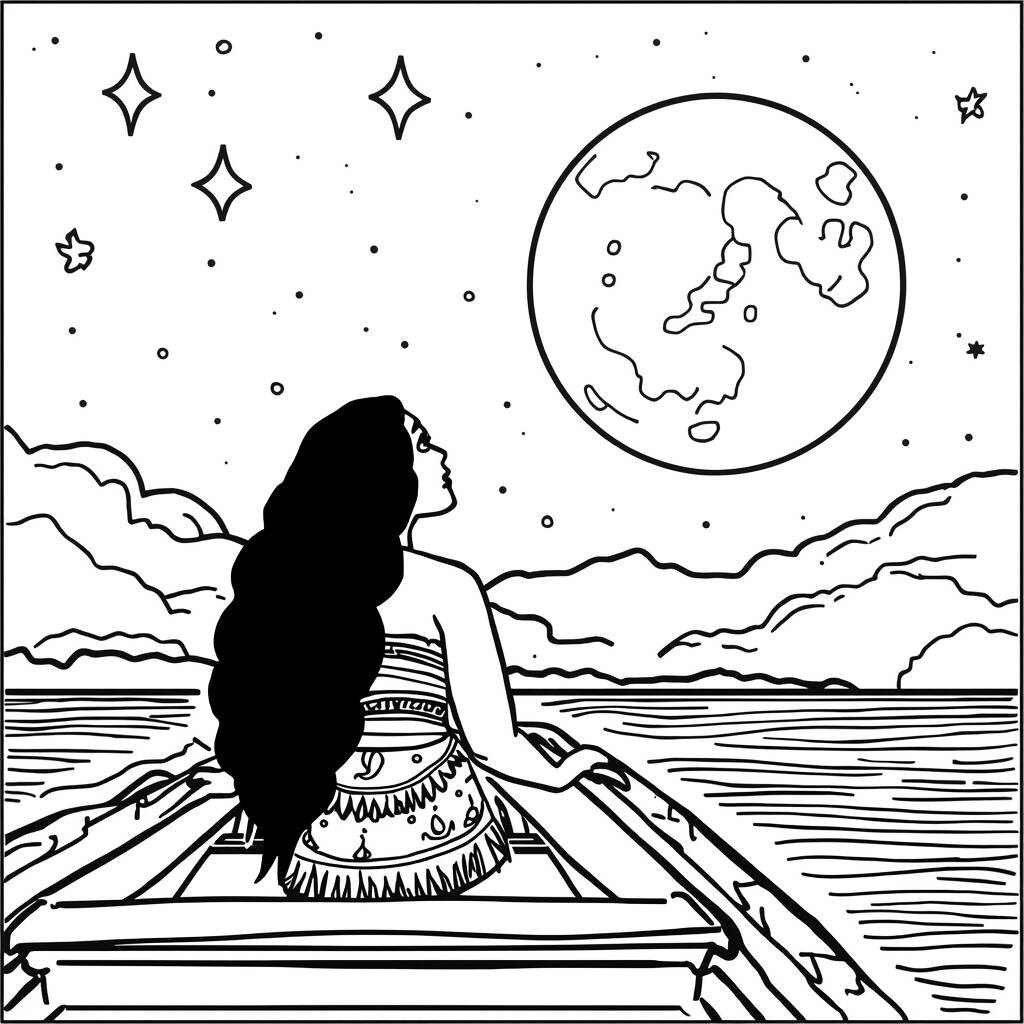 Desenho de Moana e a Lua Cheia para Colorir
