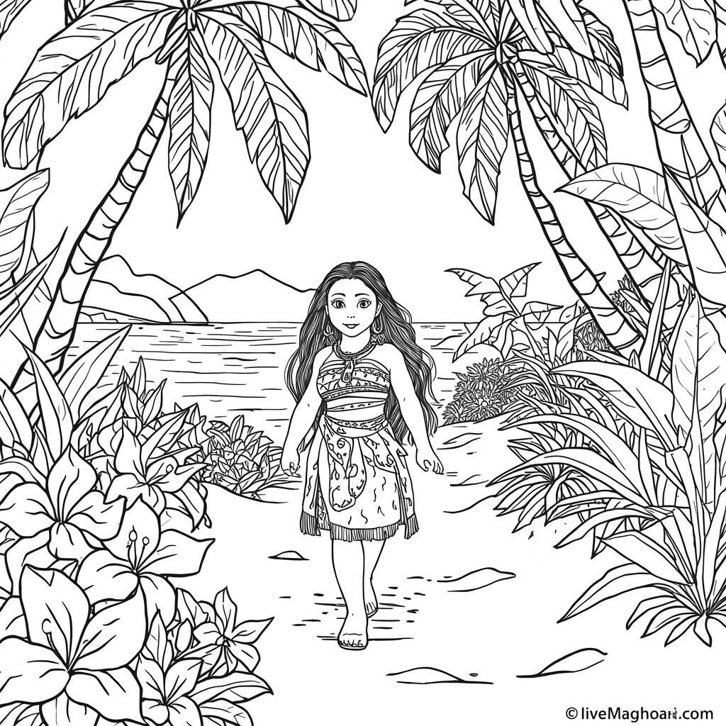 Desenho de Moana e a Trilha da Ilha para Colorir