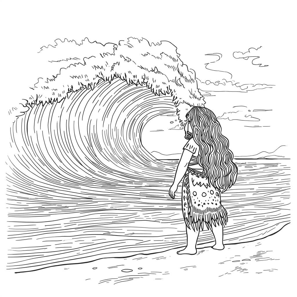 Desenho de Moana e as Ondas do Oceano para Colorir