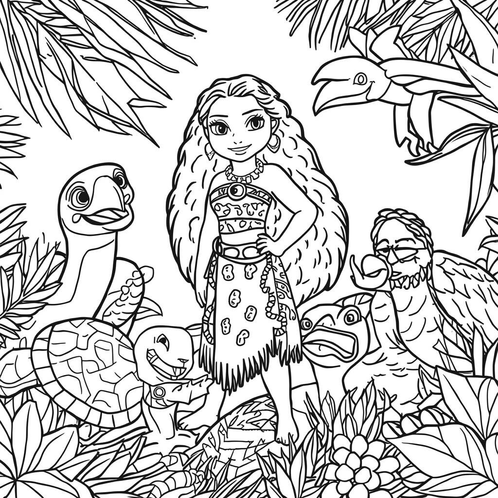 Desenho de Moana e os Animais da Ilha para Colorir