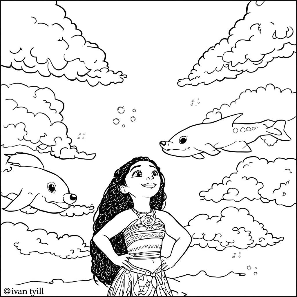 Moana and the Clouds Coloring Page