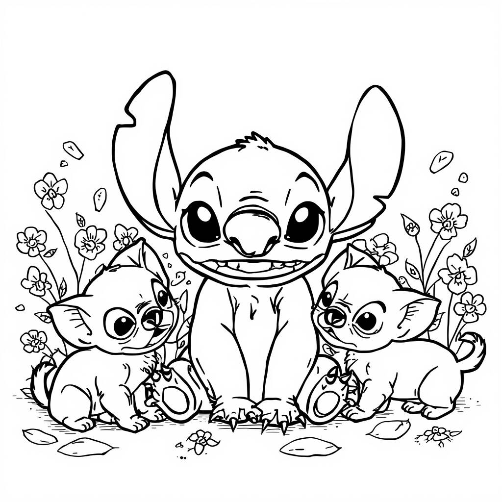 Desenho de Stitch com Bichinhos para Colorir