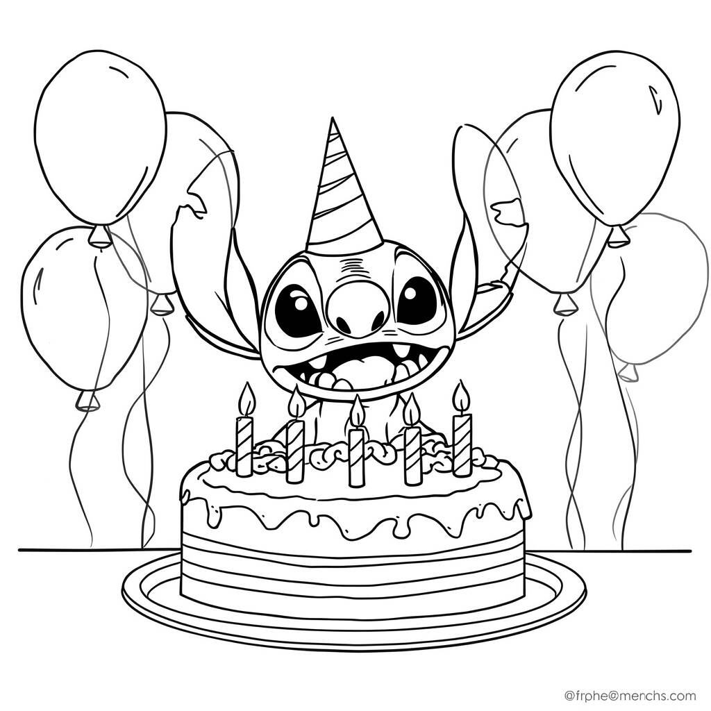 Desenho de Stitch e Bolo de Aniversário para Colorir