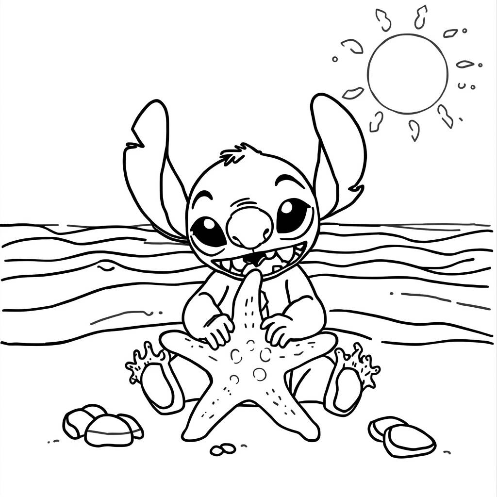 Desenho de Stitch e Estrela do Mar para Colorir