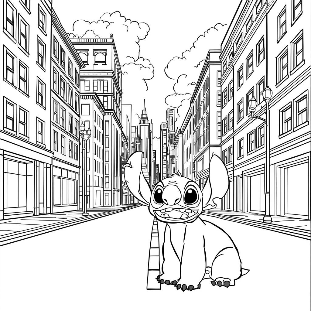 Desenho de Stitch e a Cidade para Colorir