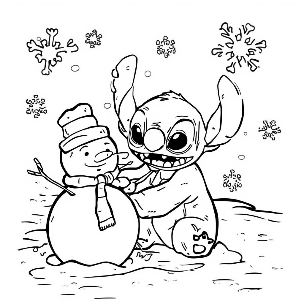 Desenho de Stitch e a Neve para Colorir