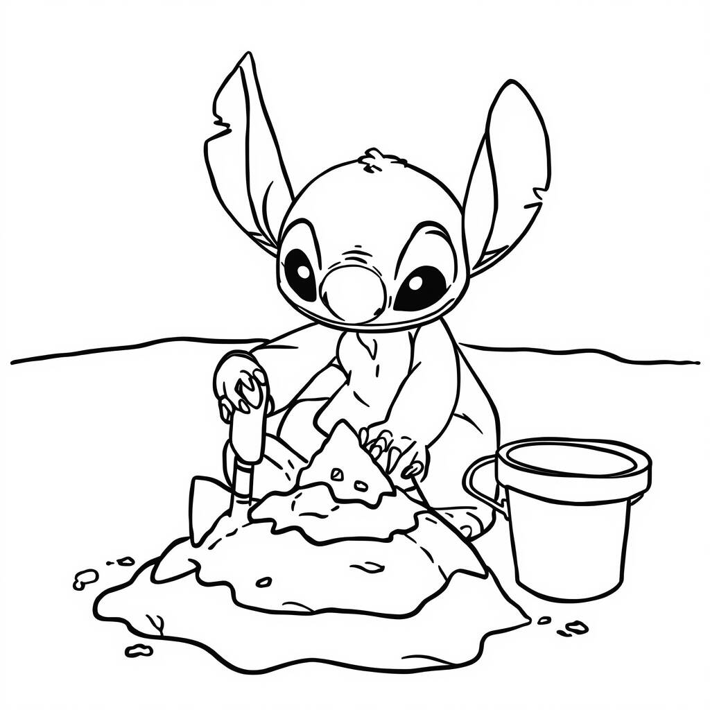 Desenho de Stitch e a Praia para Colorir