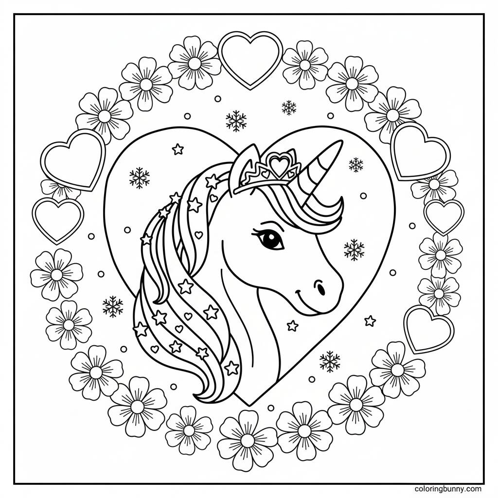 Desenho de Unicórnio com flores e corações para colorir