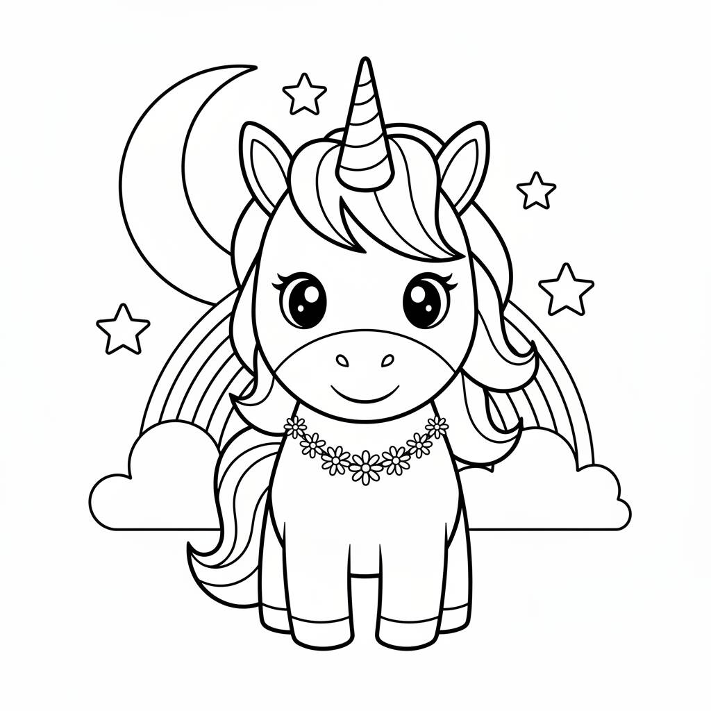 Desenho de Unicórnio fofinho com arco-íris para colorir