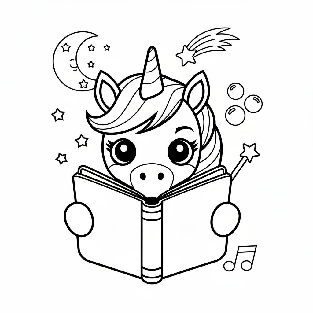 Desenho de Unicórnio lendo um livro para colorir