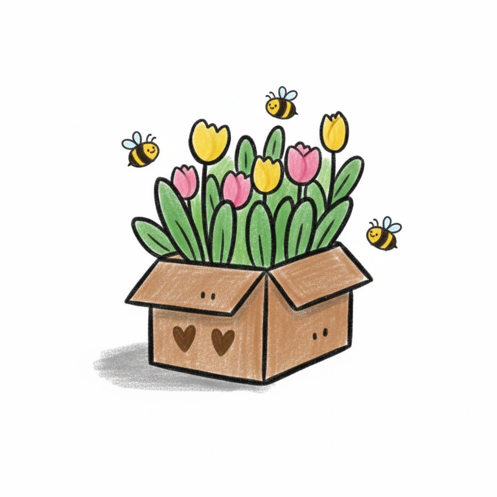 Desenho de caixa com flores coloridas e abelhas