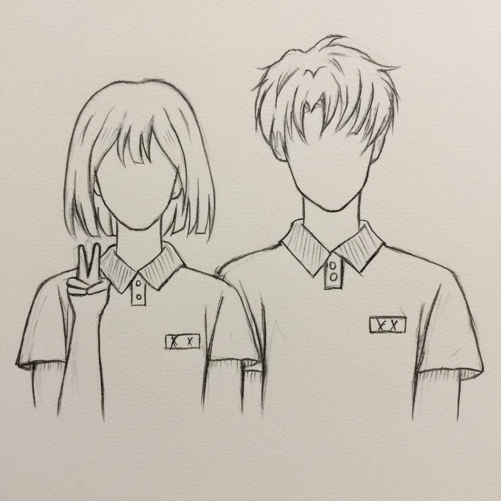 Desenho de casal em estilo anime a lápis