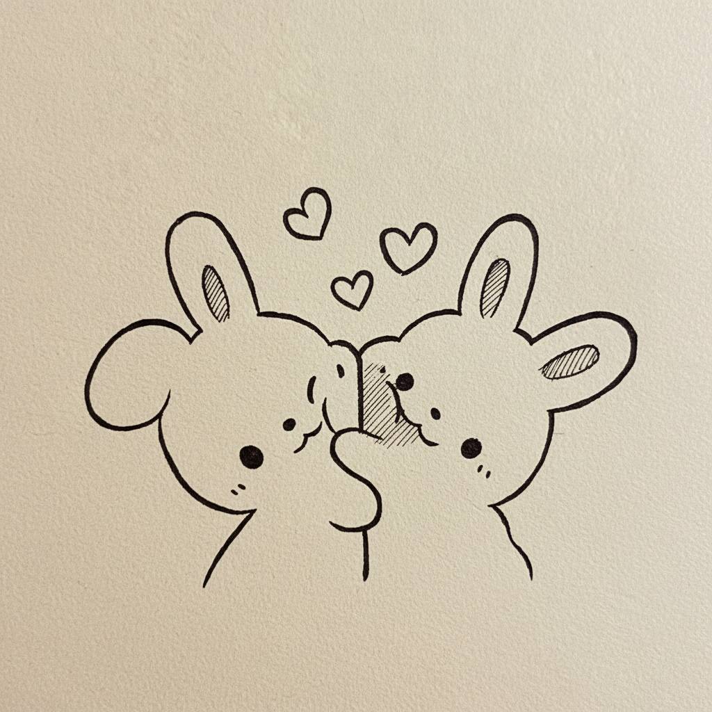 Desenho de coelhinhos fofos se beijando com corações para colorir