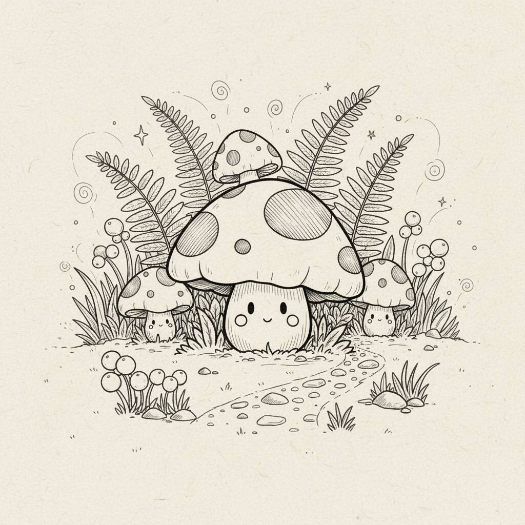Desenho de cogumelos adoráveis em um cenário mágico para colorir