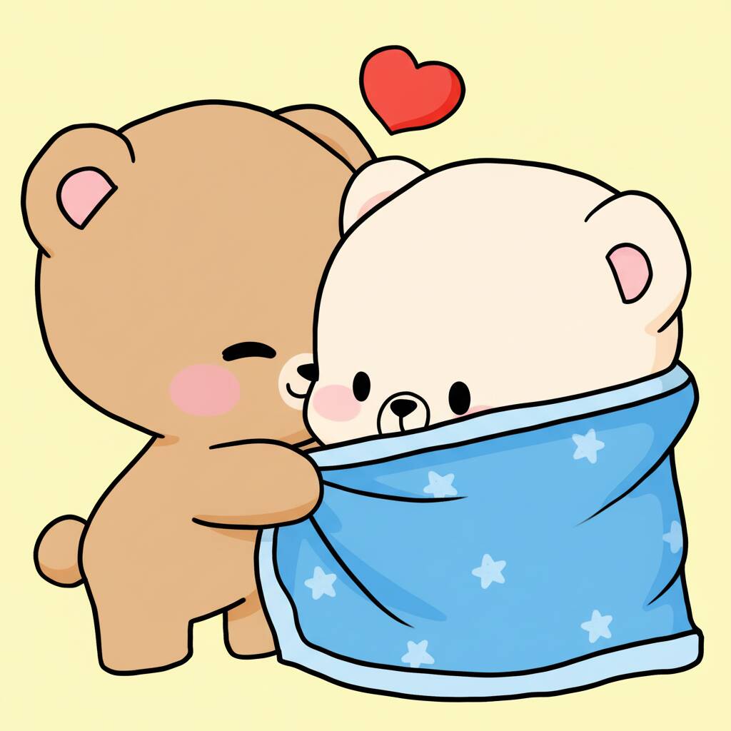 Desenho de dois ursinhos fofos, um abraçando o outro envolto em um cobertor azul com estrelas