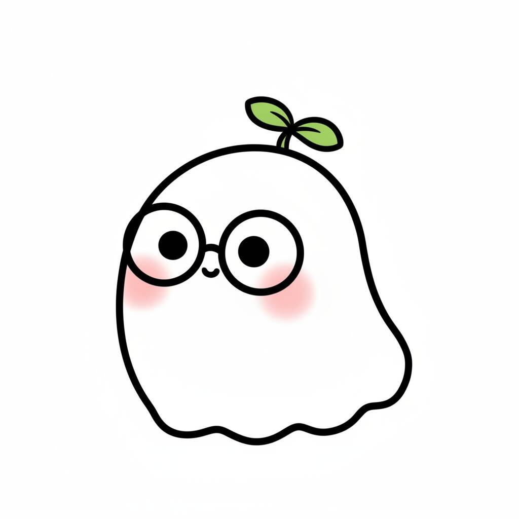 Desenho de fantasma fofo com óculos e uma plantinha para colorir