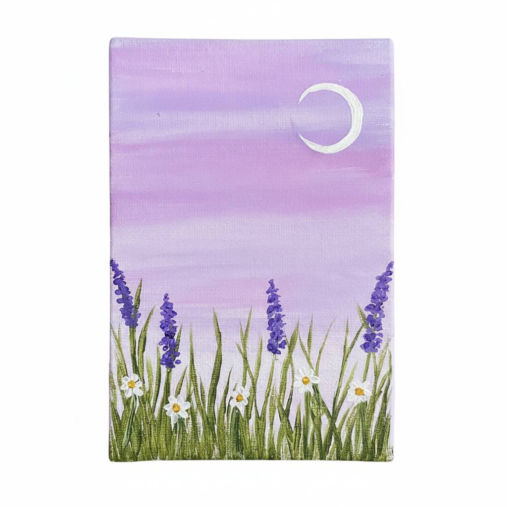 Desenho de flores roxas com céu lilás e lua crescente